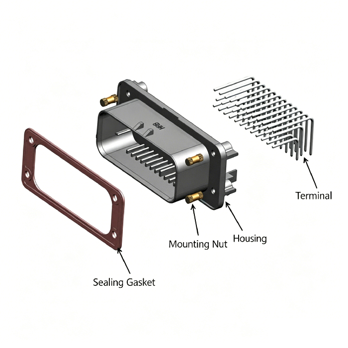Exploded view of HRB M4021R series right angle PCB board waterproof connector Vista despiezada del conector impermeable de placa PCB en ángulo recto serie HRB M4021R