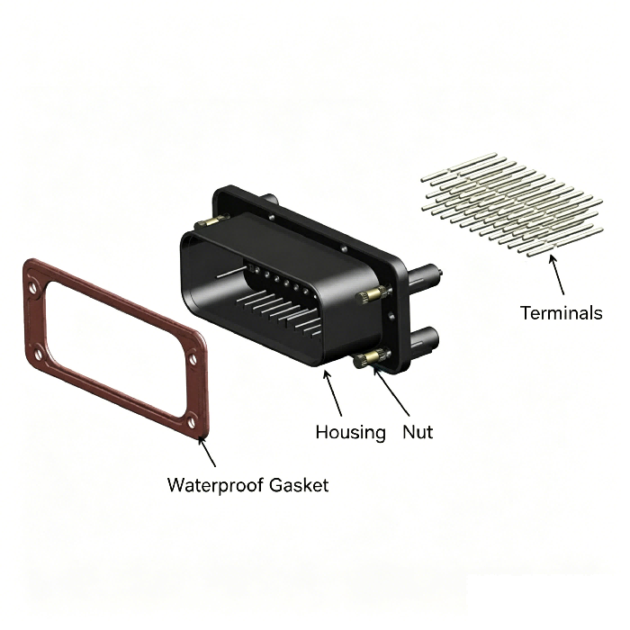 Exploded view of HRB M4021 series vertical PCB board waterproof connector Vista despiezada del conector impermeable de placa PCB vertical serie HRB M4021