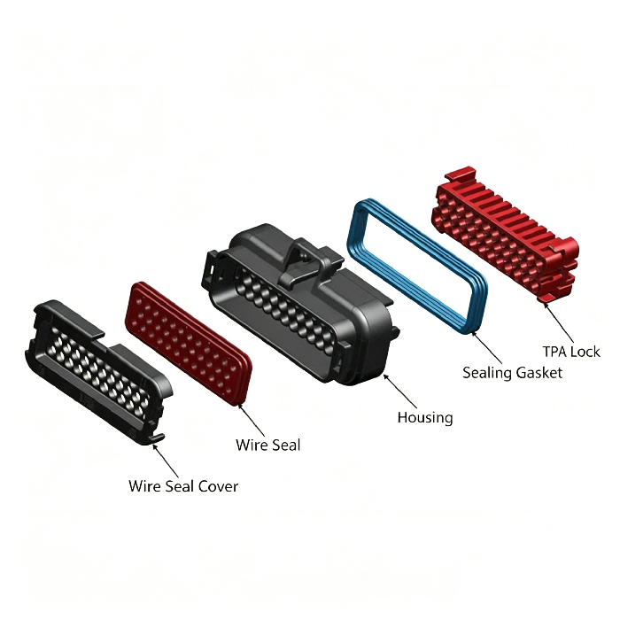 Exploded view of HRB M4022 series IP69K receptacle waterproof connector Vista despiezada del conector impermeable del receptáculo IP69K de la serie HRB M4022