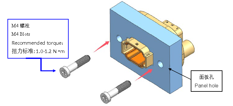 Paso 2 de montaje en panel para el conector impermeable HRB, insertando pernos M4 para la fijaci&oacute;n de la carcasa