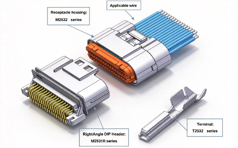 2.5mm Pitch Wire To Board Waterproof Connectors Part Name and Part Number, HRB M2532 series connector exploded view Conectores impermeables de cable a placa con paso de 2,5 mm Nombre de pieza y número de pieza, vista detallada del conector serie HRB M2532