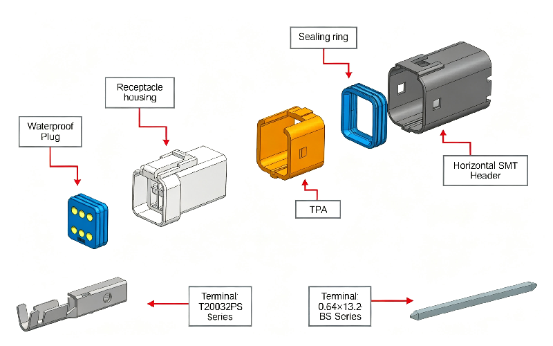 Vista despiezada del conector impermeable de cable a placa de doble fila HRB de 2,0 mm, carcasa, sellos de silicona, conector de PCB y terminales de engarzado