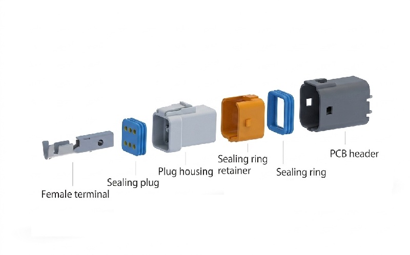 Vista despiezada del conector impermeable de cable a placa HRB de 2,0 mm, carcasa, sellos de silicona y terminales de engarce