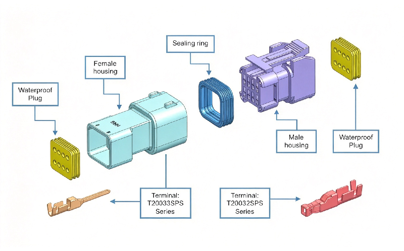 Exploded view of HRB 2.0mm cost-effective type wire‑to‑wire waterproof connector, male & female housing, silicone seals and crimp terminals Vista ampliada del conector resistente al agua de cable a cable HRB de 2,0 mm, de tipo rentable, con carcasa macho y hembra, sellos de silicona y terminales de engarce
